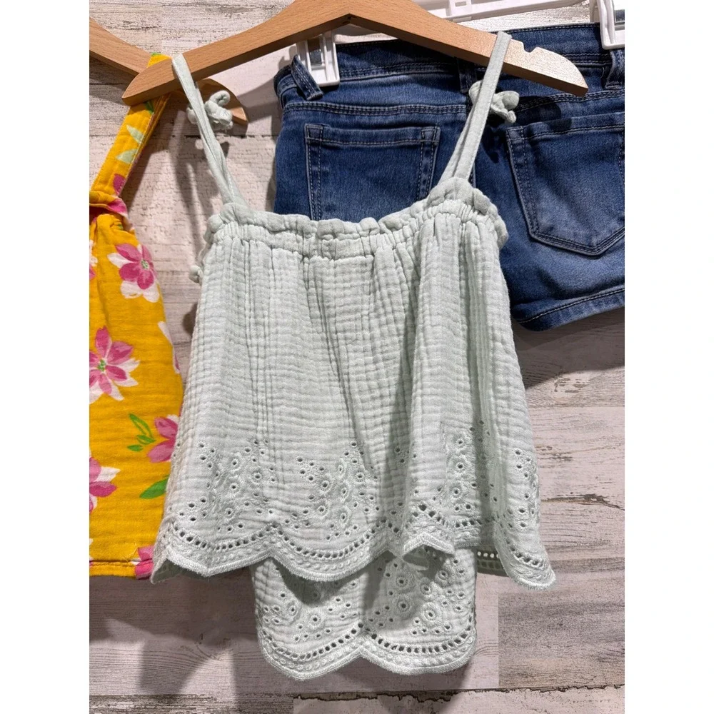 Old Navy Modern Moments Outfit Set Girls 5T Green Yellow Floral Denim Boho EUC